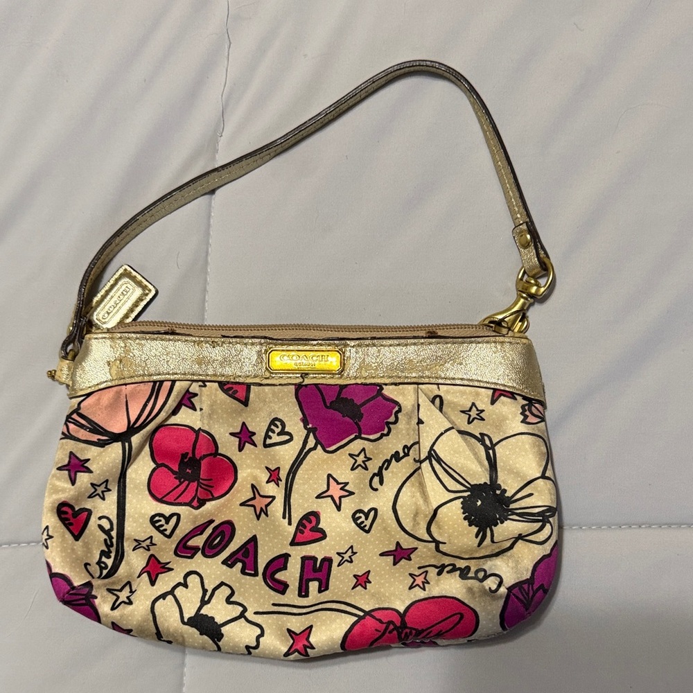Coach Poppy Metallic hot Pink & purple Poppies Wristlet